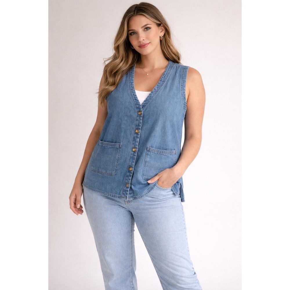 Vintage 90s Appleseed Denim Vest Blue Layering  Cottagecore Farmcore XL